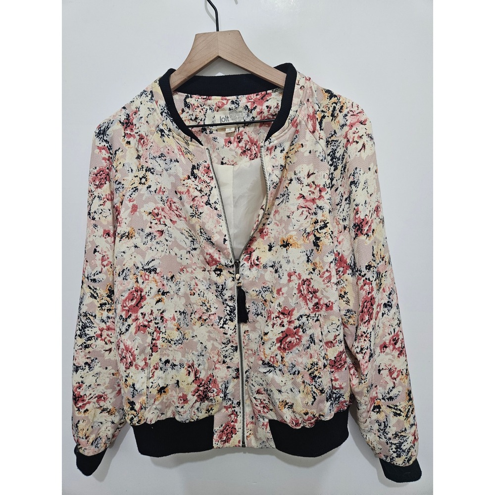 Jolt Womens Floral Zip Up Bomber Jacket Pink Cream Black Plus Size 1X PAX0351RW